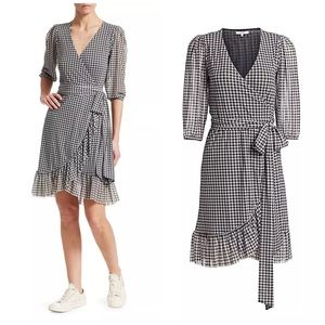 GANNI Black/White Check Gingham Print 3/4 Sleeve Mini Wrap Dress